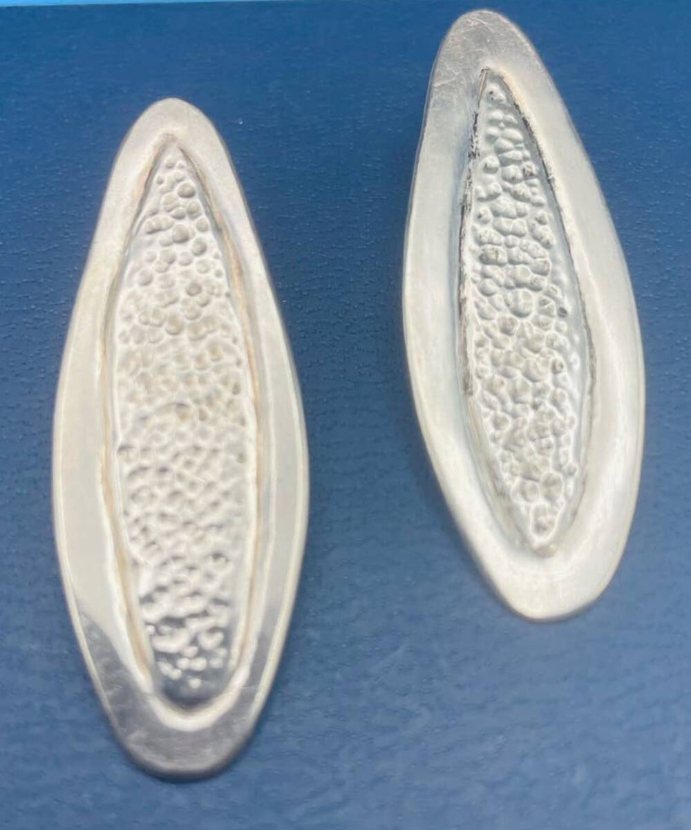 Handmade 2" Large Oval Silver Stud Earrings Hammered Design Pierced Ears 9.6 g